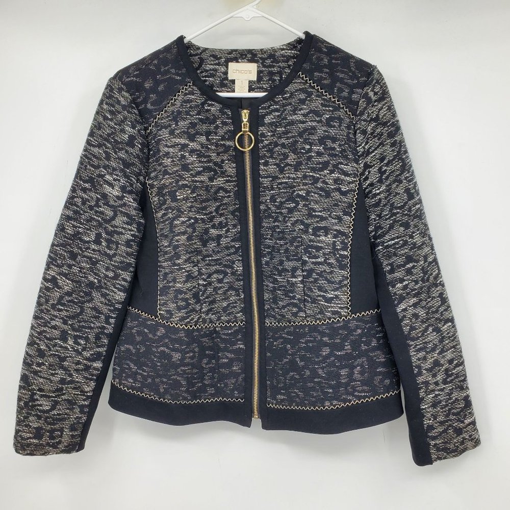 Chico's Multicolor Zip‎ Up Pieced Jacquard Jacket Size 1 / Medium